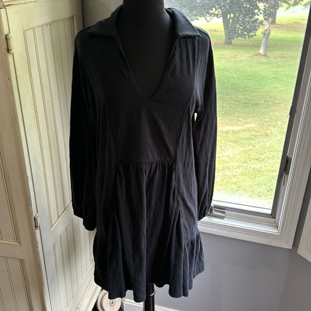 FP Beach Black Coastal Chic Pull Over Collared ‎ Long Sleeve Baby Doll Dress